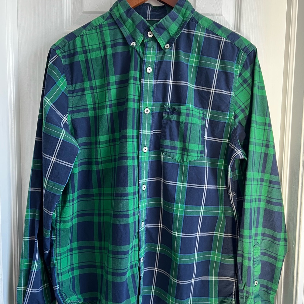 American Eagle Outfitters Navy and Green Plaid Shirt